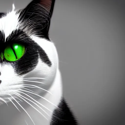 Image similar to a portrait of a beautiful black and white cat wearing a tuxedo with colorful bright green eyes, hd, 8k, hyper-realism, detailed, 3D render