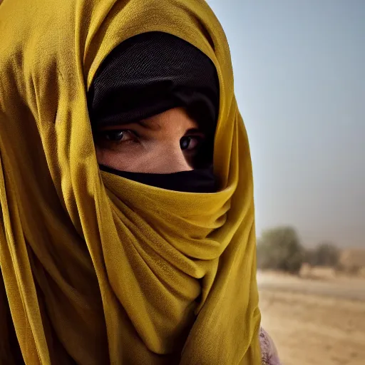 Image similar to ultra - photorealistic, burqa woman driving horse and handling weapon, dust, yellow cinematic, 4 k, 8 0 0 mm, uhd, vogue, winning photo of the year, sharp focus, intricate, hyperdetailed