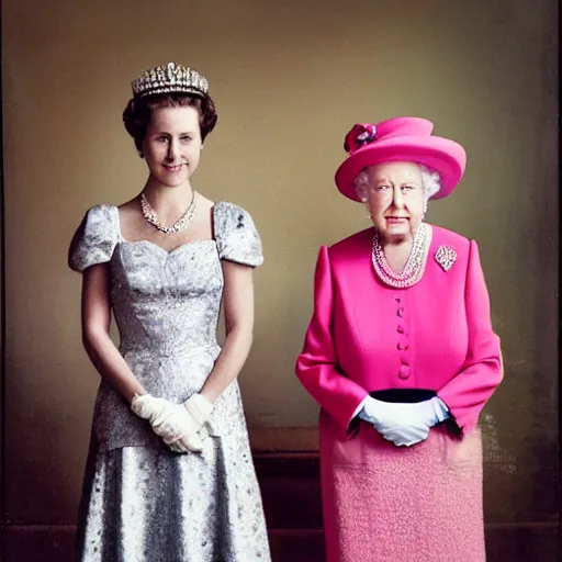 Image similar to A portrait photo of queen elizabeth teams up with a teenage queen elizabeth, perfect faces, 50 mm, award winning photography