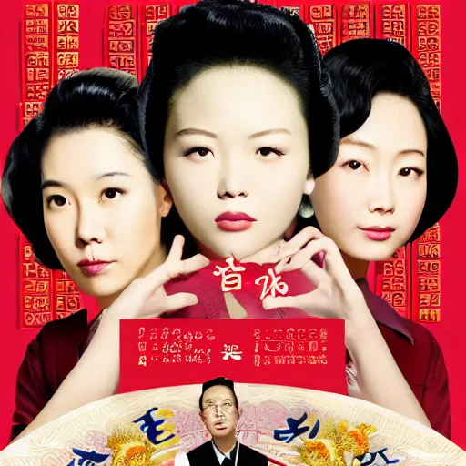 Prompt: modern Hong Kong romantic movie poster, 3 young and beautiful women, symmetrical faces, with hands holding Chinese Mahjong 麻雀牌🀄️facing to audience, painted by Norman Rockwell, dramatic cinematic lighting by Wong Kar Wei, Stanley Kubricks, hyper realism, ultra realistic, 4K, highly detailed, trending on art station, in the mood for love aesthetic, with Chinese title, 花樣年華, Bruce Lee as bodyguard