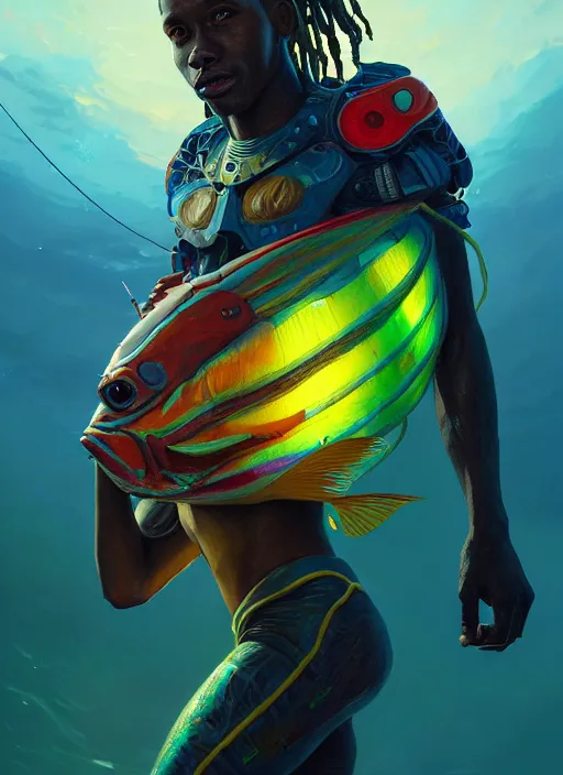 Image similar to portrait of a jamaican fisherman sci - fi glowing fishing armor muscular cyberpunk intricate elegant highly detailed digital painting artstation concept art, ocean fish jamaican flag colors background, greg rutkowski, loish, rhads, ferdinand knab, makoto shinkai and lois van baarle, ilya kuvshinov, rossdraws, tom bagshaw