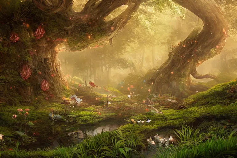 Image similar to fairy kingdom forest, ghibli studio, cellshaded, nausicaa anime style hyper realistic, ambient lighting, concept art, intricate, hyper detailed, smooth, dynamic volumetric lighting, octane, raytrace, cinematic, high quality, high resolution, 4 k, cgsociety, rutkowski, gurney