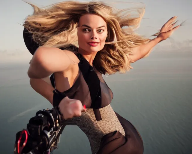 Image similar to margot robbie jumping off a helicopter, hyper realistic faces, beautiful eyes, cinematic, long shot, hyper detailed, 8 5 mm photograph, 8 k resolution, film still, sharp lens, wide lens