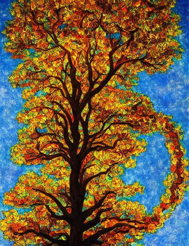 Image similar to tree of knowledge erudite gnostic wisdom, golden boughs and roots, celestial skies and lambent clouds, oil painting award winning, chromatic aberration bright colors