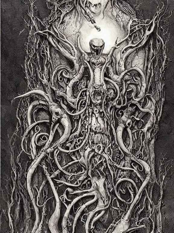 Image similar to A horror illustration design of a Prophecy book from hell revealing the Warwick Goblel of an Ancient Creature,by Maximilian Pirner and Gregoire Kenne and and aaron horkey and peter gric,trending on pinterest,Lovecraftian,medieval,ossuary,rococo,fractalism,maximalist,glittering,feminine