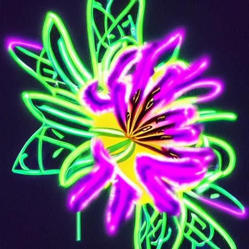 Prompt: a cybertronic, neon, glowing tiger lily flower, detailed, trending on art station