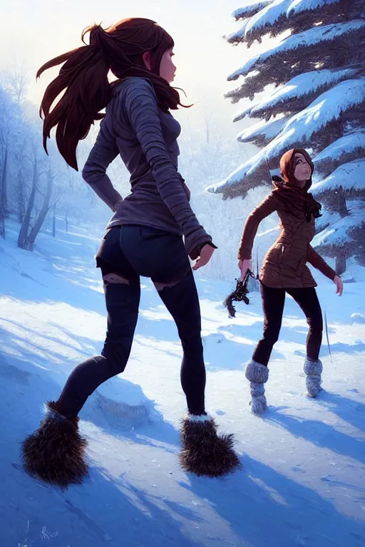 Image similar to a two hunter and huntress running away from a one beautiful giantess on the winter valley, toward to the camera, scared face, dramatic pose, intricate, highly detailed, detailed face, smooth, sharp focus, environmental light, rim light, artgerm, greg rutkowski, ilya kuvshinov, rossdraws, aesthetic fantasy illustration