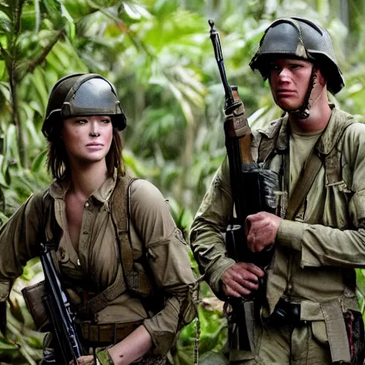 Image similar to elisha cutbert and mary elizabeth winstead as a commandos in a jungle battlefield