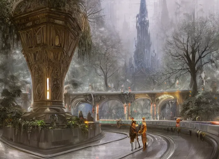 Prompt: A train subway inside a beautiful elven city made of white marble, anime, lush trees, fountain, statue, big clock, information desk, trains, train tracks, a fantasy digital painting by Greg Rutkowski and James Gurney, trending on Artstation, highly detailed