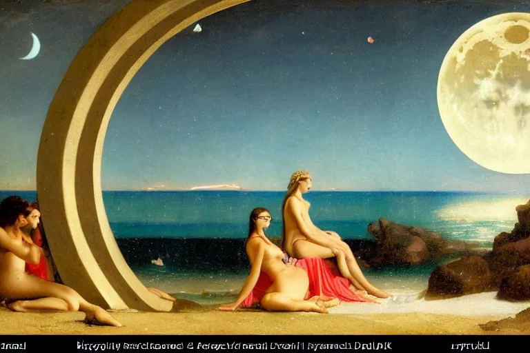 Image similar to The beach arch, refracted moon on the ocean, thunderstorm, greek pool, beach and Tropical vegetation on the background major arcana sky and occult symbols, by paul delaroche, hyperrealistic 4k uhd, award-winning, very detailed paradise