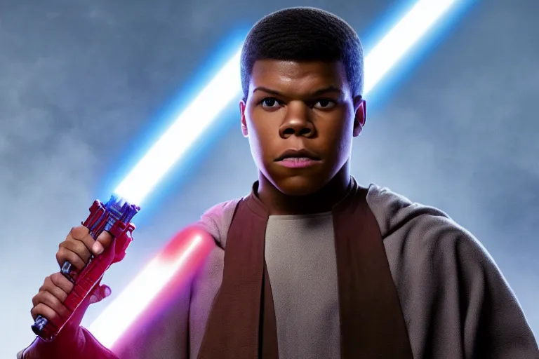 Image similar to Star Wars, Finn played by John Boyega wears jedi robes and wields lightsaber standing alone, full body shot, ultra realistic, 4K, movie still, UHD, sharp, detailed, cinematic, render