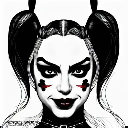 Prompt: a pretty harley quinn headshot portrait, drawn in black and white ink, manga panel style, wlop, trending on artstation