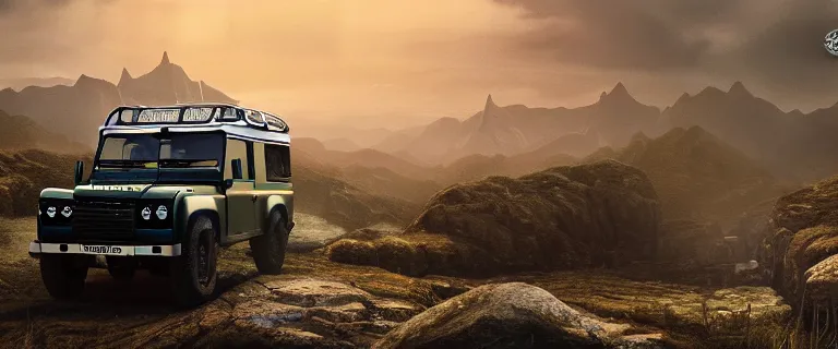 Prompt: Land Rover Defender 110 (1985), an epic fantasy, dramatic lighting, cinematic, establishing shot, extremely high detail, photorealistic, cinematic lighting, artstation, by simon stalenhag, The Elder Scrolls V: Skyrim, Whiterun Hold, Whiterun, Dragonsreach in the background, at day