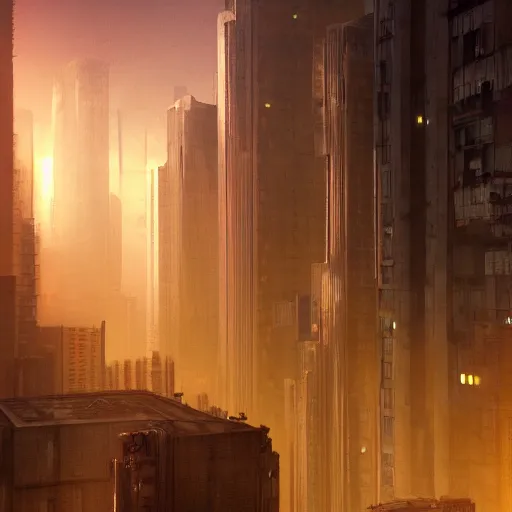 Image similar to An expansive brutalist busy city made of concrete golden hour volumetric lighting highly detailed digital art trending on Artstation, blade runner