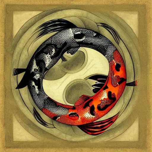 Prompt: 2 koi fish, yin yang, black white, by Android Jones