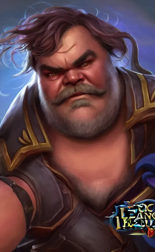 Image similar to Jack Black as a character in the game League of Legends, with a background based on the game League of Legends, detailed face, old 3d graphics