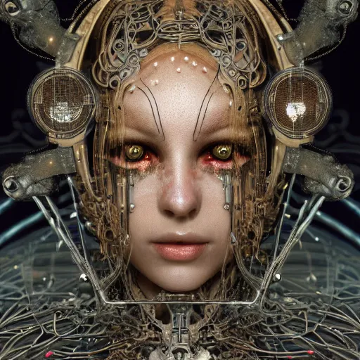 Prompt: timeless cybernetic deity with circuitry skin and networked mind tripping on acid, intricate detail, royo, whealan, giger, klimt, hd, octane render, unreal engine,