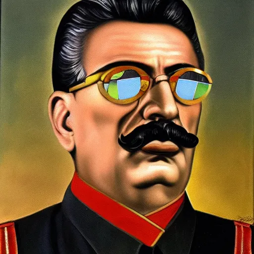 Prompt: Isaak Brodsky portrait painting of Joseph Stalin dressed in latex and wearing mirrored sunglasses, realism