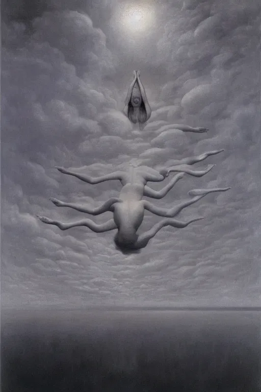 Image similar to zdzisław beksinski oil painting. women floating in the sky, disturbing, unsettling, intricate, beautiful