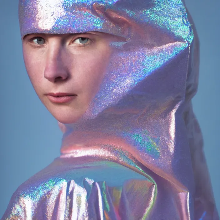 Image similar to closeup portrait of a woman wrapped in iridescent foil, standing in antarctica, color photograph, by vincent desiderio, canon eos c 3 0 0, ƒ 1. 8, 3 5 mm, 8 k, medium - format print