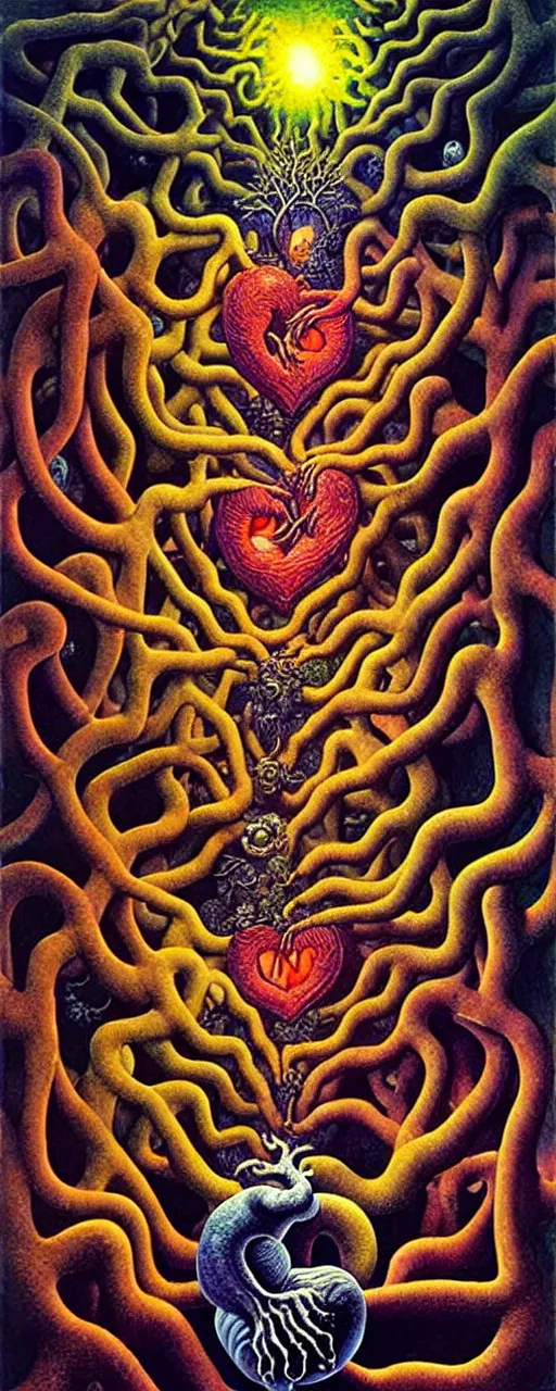 Image similar to mythical creatures and monsters in the visceral anatomical human heart imaginal realm of the collective unconscious, in a dark surreal mixed media oil painting by johfra, mc escher, dramatic lighting from inner fire