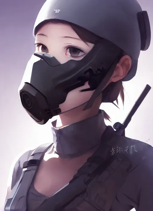 Prompt: a girl with black sports clothes, realistic airsoft mask, softair center landscape, illustration, concept art, anime key visual, trending pixiv fanbox, by wlop and greg rutkowski and makoto shinkai and studio ghibli and kyoto animation, airsoft cqb, symmetrical facial features, short hair, airsoft electric pistol, realistic anatomy