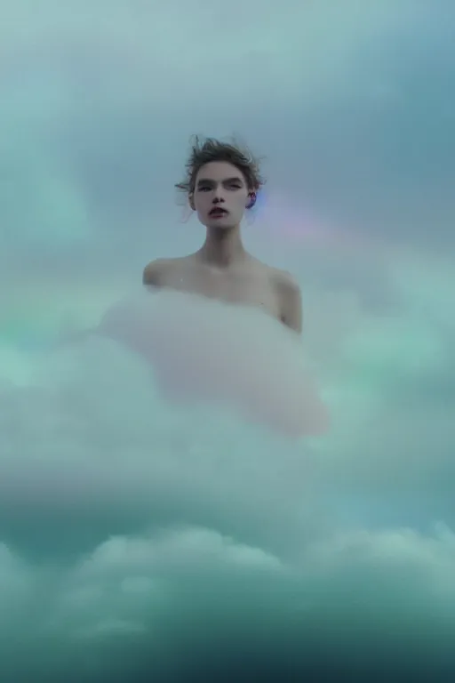 Image similar to high quality pastel coloured film close up wide angle photograph of a model wearing clothing swimming on cloud furniture in a icelandic black rock!! environment in a partially haze filled dreamstate world. three point light, rainbow. photographic production. art directed. pastel colours. volumetric clouds. pastel gradient overlay. waves glitch artefacts. extreme facial clarity. 8 k. filmic.