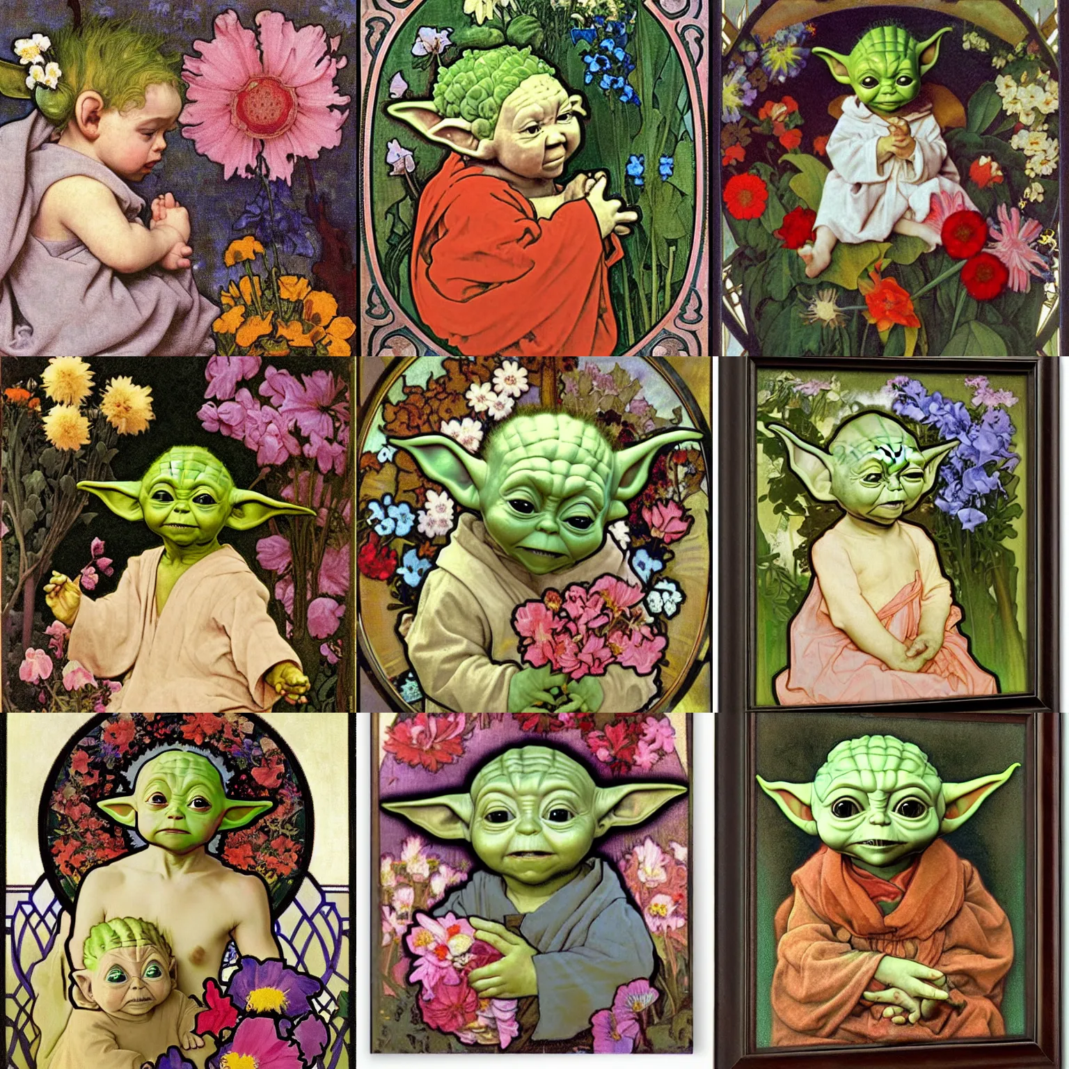 Prompt: confused baby yoda surrounded by flowers by Jan van Eyck, by alphonse mucha