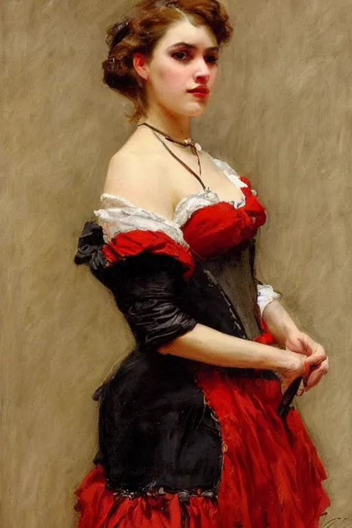 Image similar to Raimundo de Madrazo y Garreta and Solomon Joseph Solomon and Richard Schmid and Jeremy Lipking victorian genre painting full length portrait painting of a young beautiful woman traditional german french barmaid in fantasy costume, red background