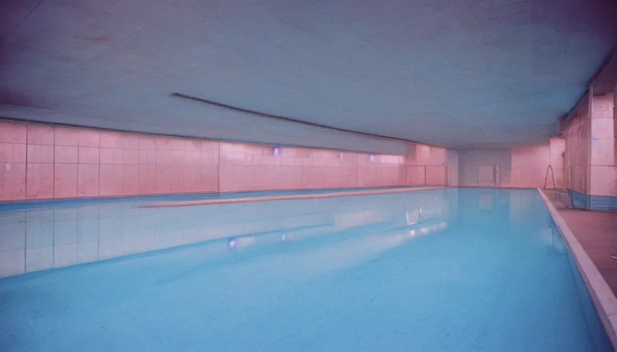 Image similar to 60s movie still of a sovietic stalinist style empty light blue pool ,cinestill 800t 50mm eastmancolor, liminal Space style, heavy grain-s 150