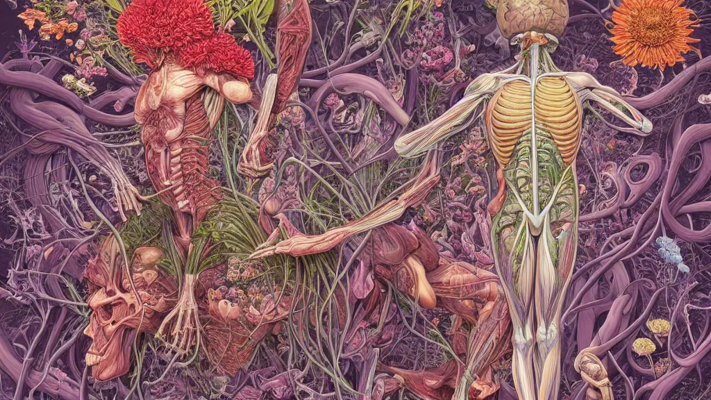 Image similar to highly detailed illustration of a human anatomy body exploded by all the known species of flowers by juan gatti, by moebius!!,, by oliver vernon, by joseph moncada, by damon soule, by manabu ikeda, by kyle hotz, by dan mumford, by kilian eng