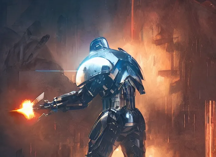 Image similar to medieval cyberpunk knight in a scenic cyberpunk environment, armor inspired by star wars and iron man, cybernetic implants, beautiful digital art, action pose, epic lighting, epic composition, sharp focus