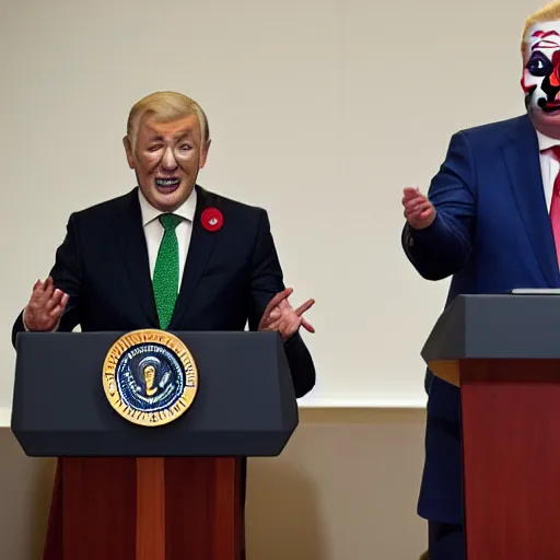 Image similar to president with clown makeup in a podium next to an angry first minister