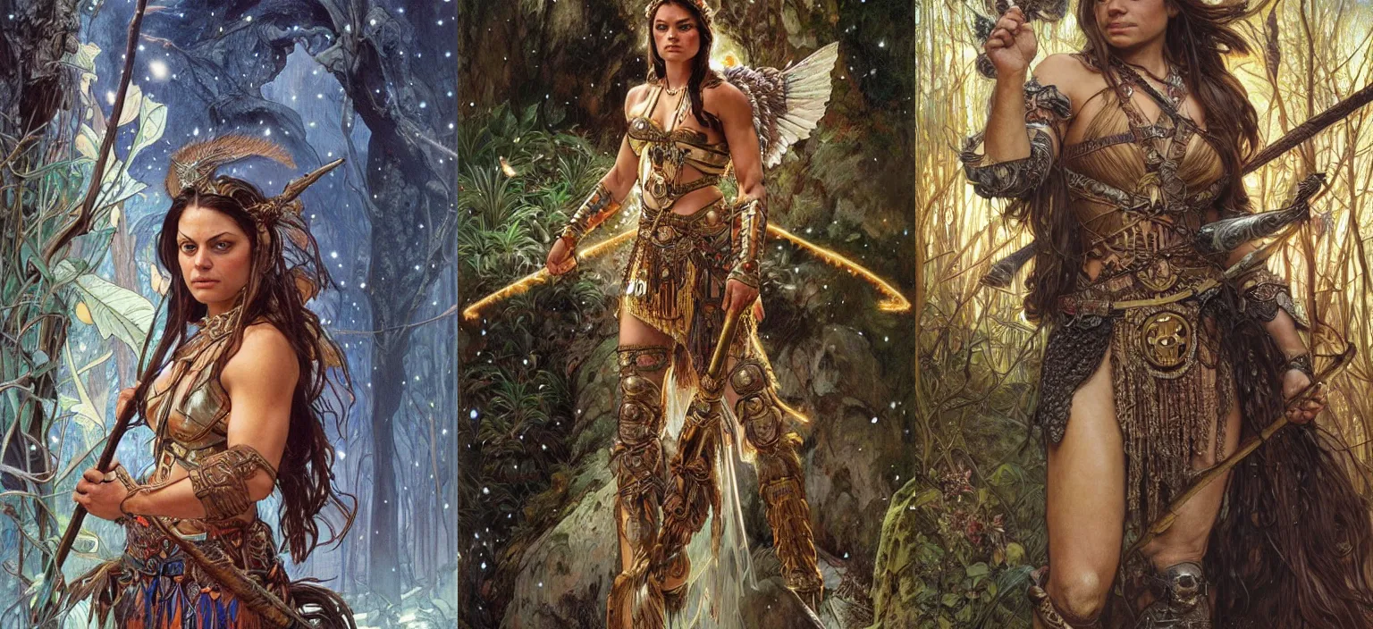 Prompt: epic muscled Mila Kunis as a beautiful warrior amazon woman walking out of a deep dark cave, snowy winter, fireflies, torches, 1960 fantasy, intricate, elegant, highly detailed, tasteful art by artgerm and donato giancola and alphonse mucha, WLOP