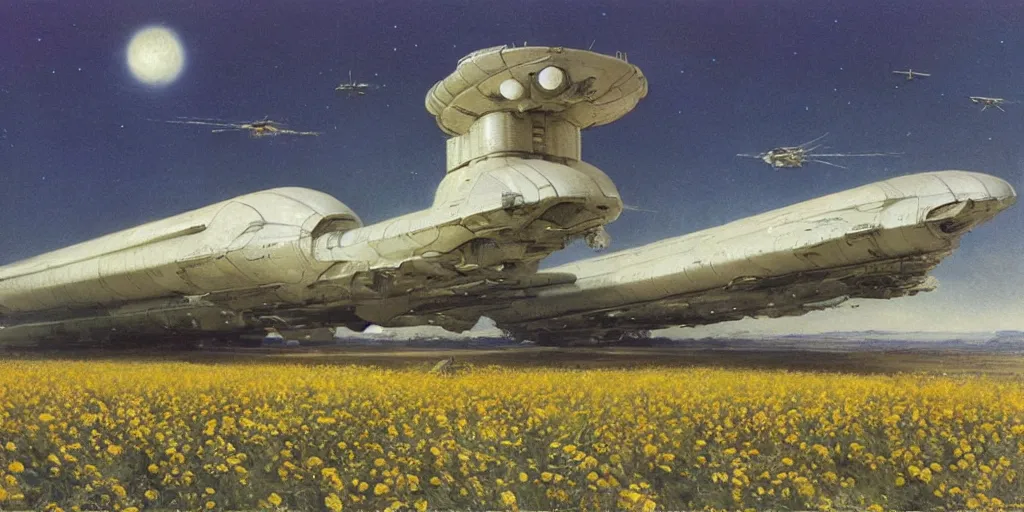 Image similar to Fernand Khnopff super technologies white giant spaceship starship battlestar airship landed laying in center on tansy wormwood field, snowy mountain afar by Fernand Khnopff by john berkey, oil painting, concept art