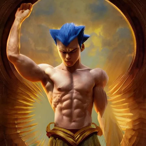 Image similar to sonic the hedgehog as a Greek god, gorgeous, amazing, muscular, fit, very muscular male body, intricate, highly detailed, digital painting, artstation, concept art, sharp focus, illustration, art by greg rutkowski and alphonse mucha