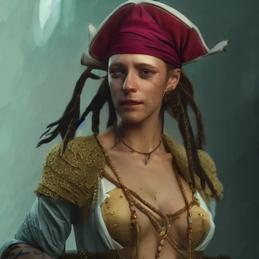 Image similar to detailed full body concept pastel painting of a female pirate in beautifully designed clothing, cinematic lighting, hyperdetailed, cgsociety, 8k, high resolution, Tom Richmond, single face, insanely detailed and intricate, octane render, golden ratio, vfx, postprocessing, freckles, alluring