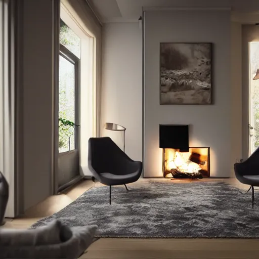 Image similar to two armchairs sitting in front of a cosy fireplace, modern home design interior, octane render, hyperrealistic, concrete archetecture, vray, volumetric lighting, cinema 4 d, unreal engine