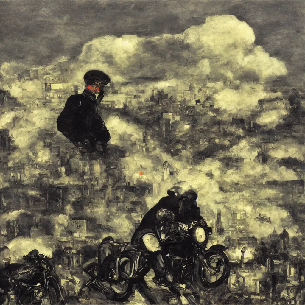Prompt: a city in the clouds, one raised road leaving the city curving towards viewer, a motorcycle, man wearing leather jacket and black helmet, oil painting, style of george bellows