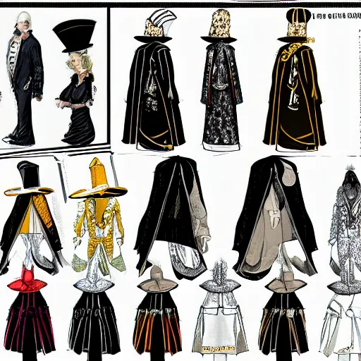 Prompt: clothing design concepts sheet, jester crown tophat,