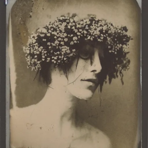 Image similar to portrait of a beautiful woman corpse covered in flowers, 1910 polaroid photography,