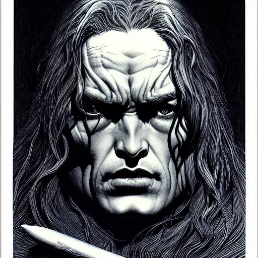 Image similar to medium portrait soft light, by bernie wrightson and joe fenton, inspired by lord of the rings, blue and grey only, etching, fine, sharp high detail,