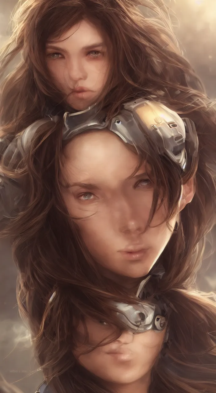 Image similar to detailed portrait of perfect brown haired girl, semi - android, tight armor, beautiful, pretty face, blue cyborg eyes, innocent, scifi, 4 k, sun yunjoo, ultra realistic, aura of light, cinematic lighting, highly detailed, sharp focus, artstation, masterpiece, art by hyungjin yang