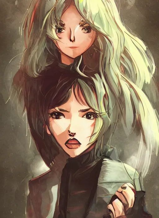 Image similar to full size persona, female sheriff, detail, ultra sharpness, beautiful female, detailed face, art by huyy nguyen, style by cain kuga, cowboy bebop art style, 3 2 beautiful color palettes with their corresponding gradient