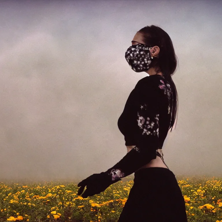 Image similar to The full body shot of beautiful pale woman with many flowers and full-face black mask inside a thick cloud black smoke in rocky desert landscape, glowing eyes, falling star on the horizon by Gaspar Noe, Alejandro Jodorowsky and Christopher Doyle, anamorphic lens, anamorphic lens flares, kodakchrome, cinematic composition, award winning photo, 8k