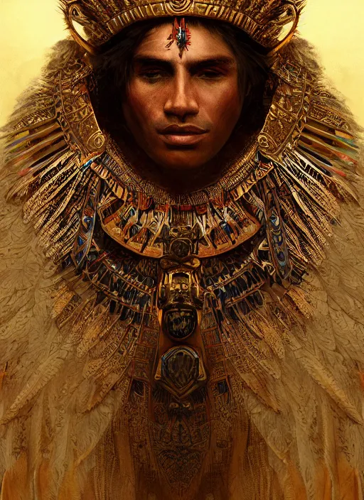 Prompt: Aztec king, handsome, portrait, intricate, elegant, feathers, volumetric lighting, scenery, digital painting, highly detailed, artstation, sharp focus, illustration, concept art, ruan jia, steve mccurry