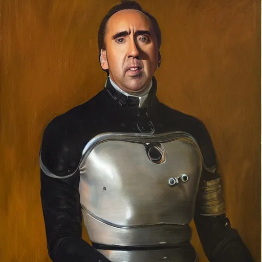 Image similar to Nicolas Cage as an Android, oil on canvas, golden hour, artstation, by J. C. Leyendecker and Peter Paul Rubens,