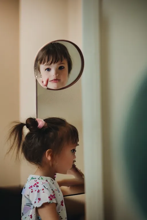 Prompt: little girl looking in a mirror, bokeh, 3 5 mm, beautiful