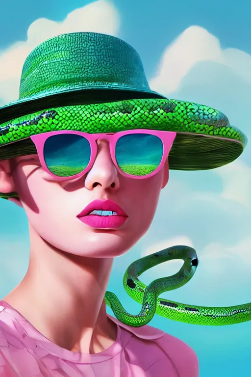 Prompt: close - up, one fashion model in sunglasses, another fashion model with hat, pink clouds background, green snakes, hyper detailed, photo realistic, vouge style photo, drops of clean water, artwork by tooth wu and wlop and beeple and greg rutkowski