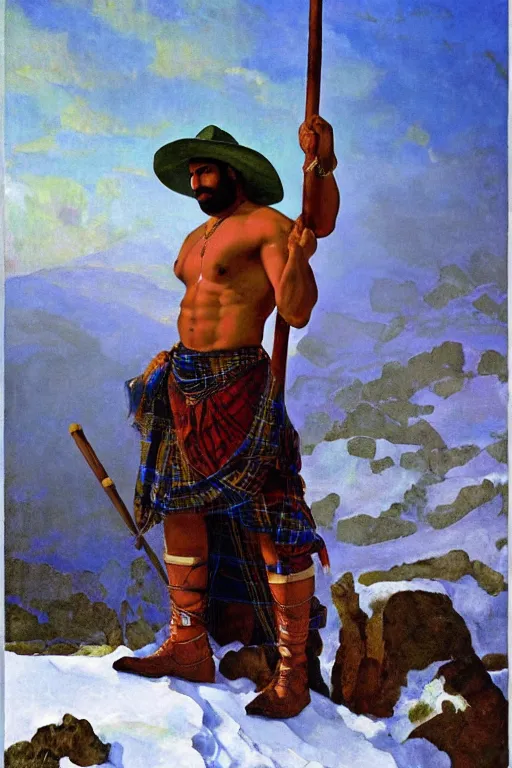 Prompt: a symmetrical painting of a muscular shirtless desi adventurer wearing a scottish tartan kilt on a snowy mountain peak. he has a wooden staff, cowboy hat, and boots. background is a stained glass golden sunrise. art deco, art nouveau, homoerotic. by raja ravi varma, by louis comfort tiffany, by albert bierstadt. trending on artstation.